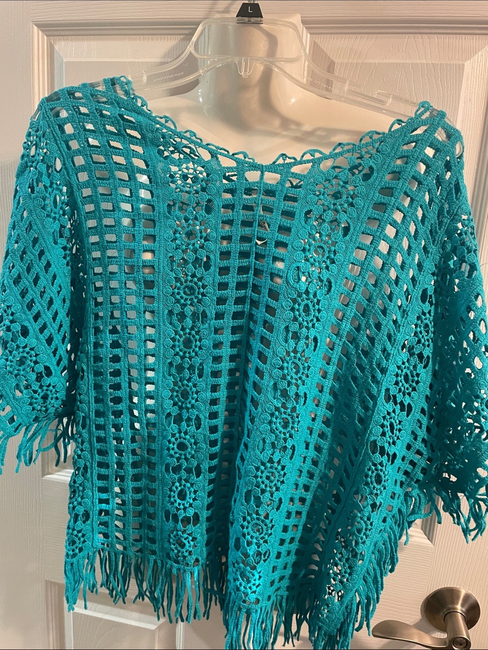 India Boutique Teal Crochet Fringe Openwork Top